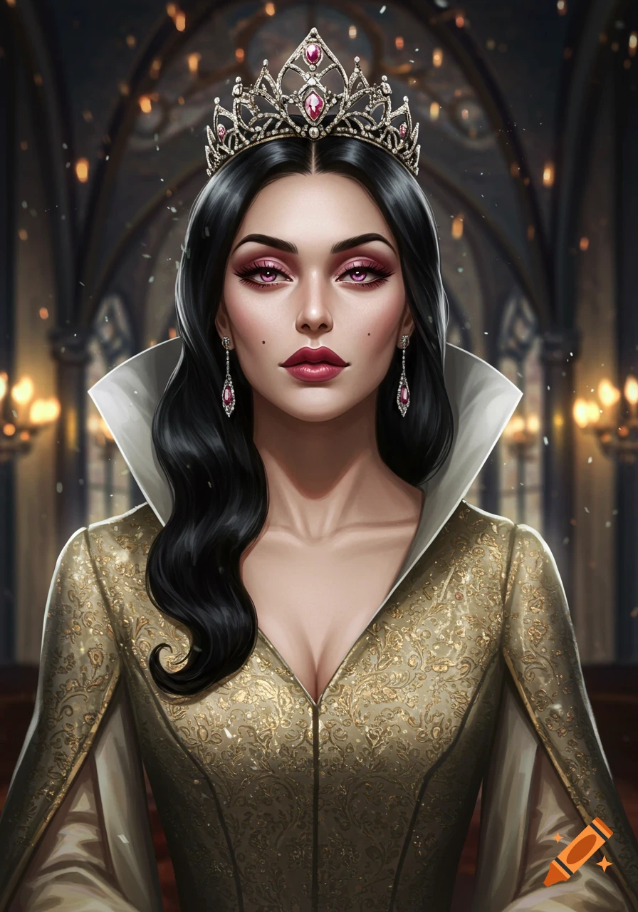 Digital art portrait of a dark-haired queen with a jeweled crown and pink makeup, wearing a golden patterned gown, in a dark castle hall.