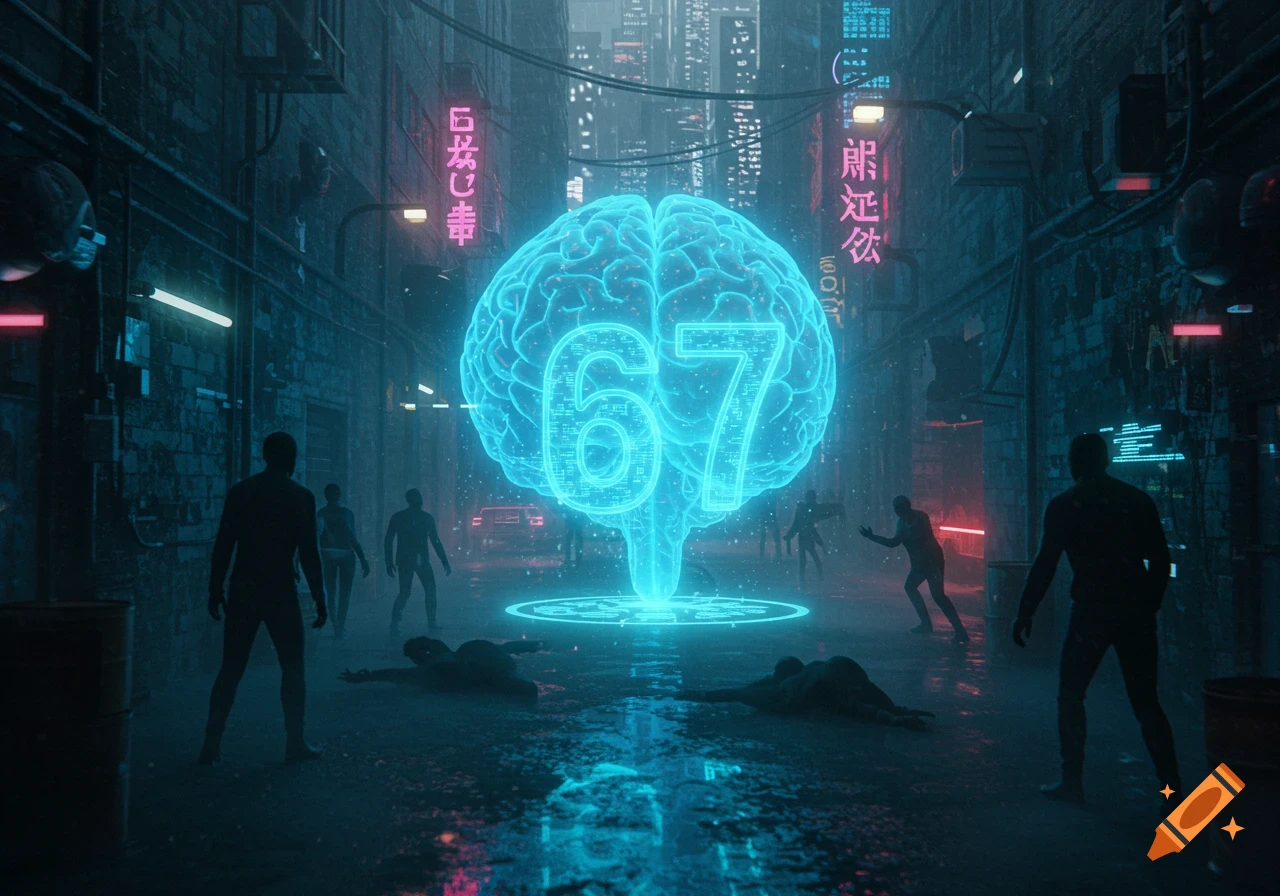 A glowing blue brain hologram with the number 67 floats in a dark, neon-lit cyberpunk alley, surrounded by shadowy figures.