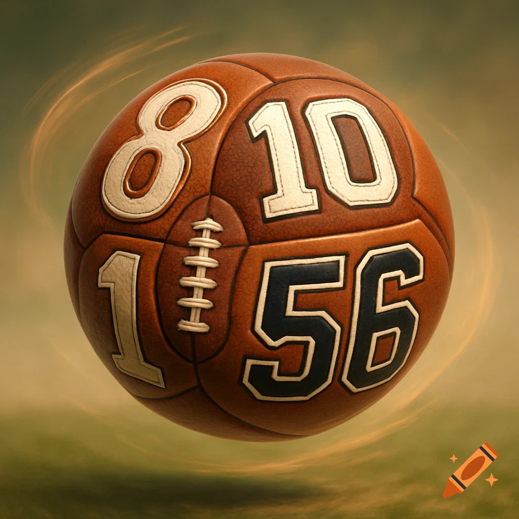 A stylized brown leather football with white and black numbers 8, 10, 1, and 56 on its surface.