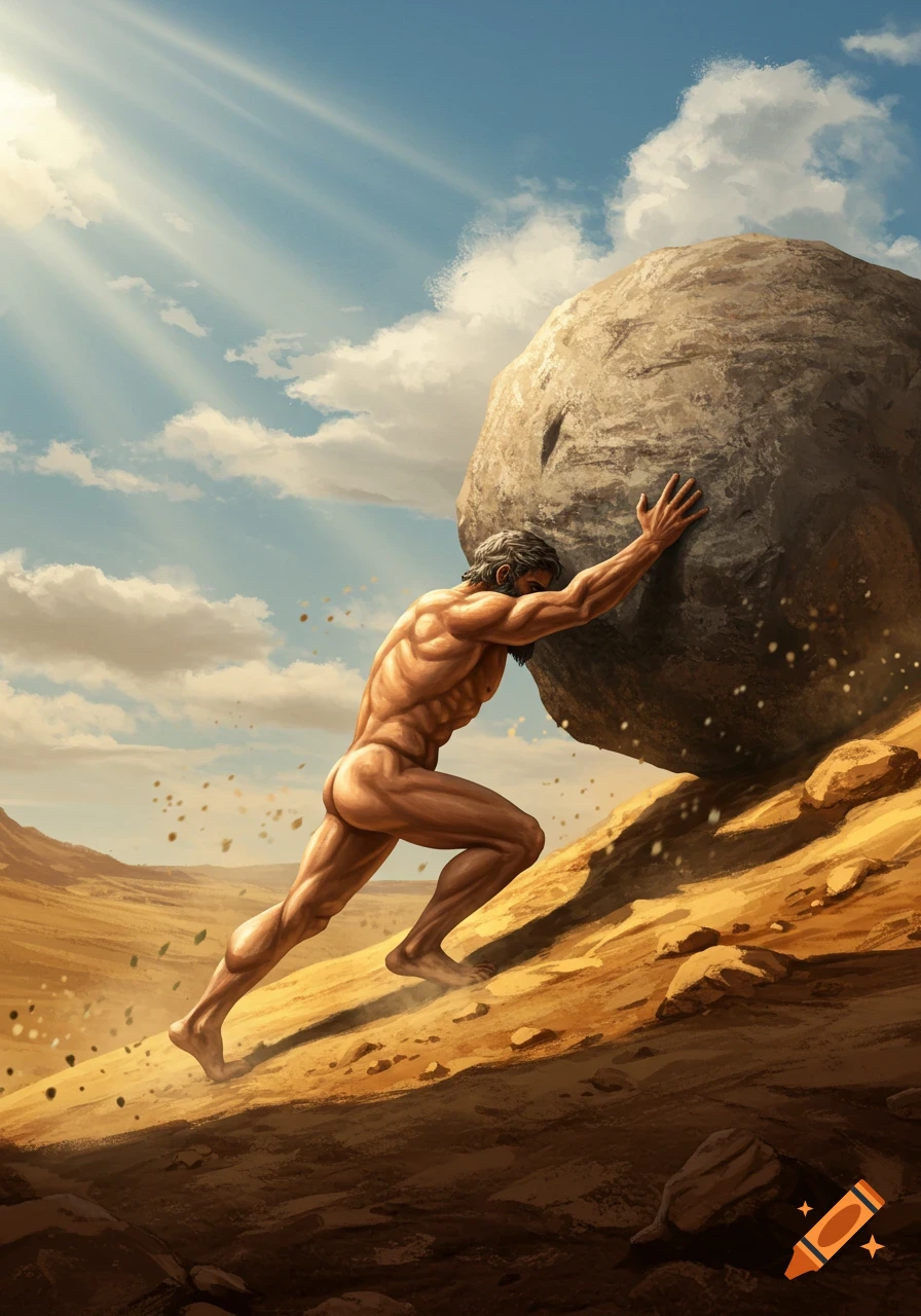 Muscular, nude man with a beard pushes a giant boulder up a barren, sandy hill under a sunny sky, depicting Sisyphus.