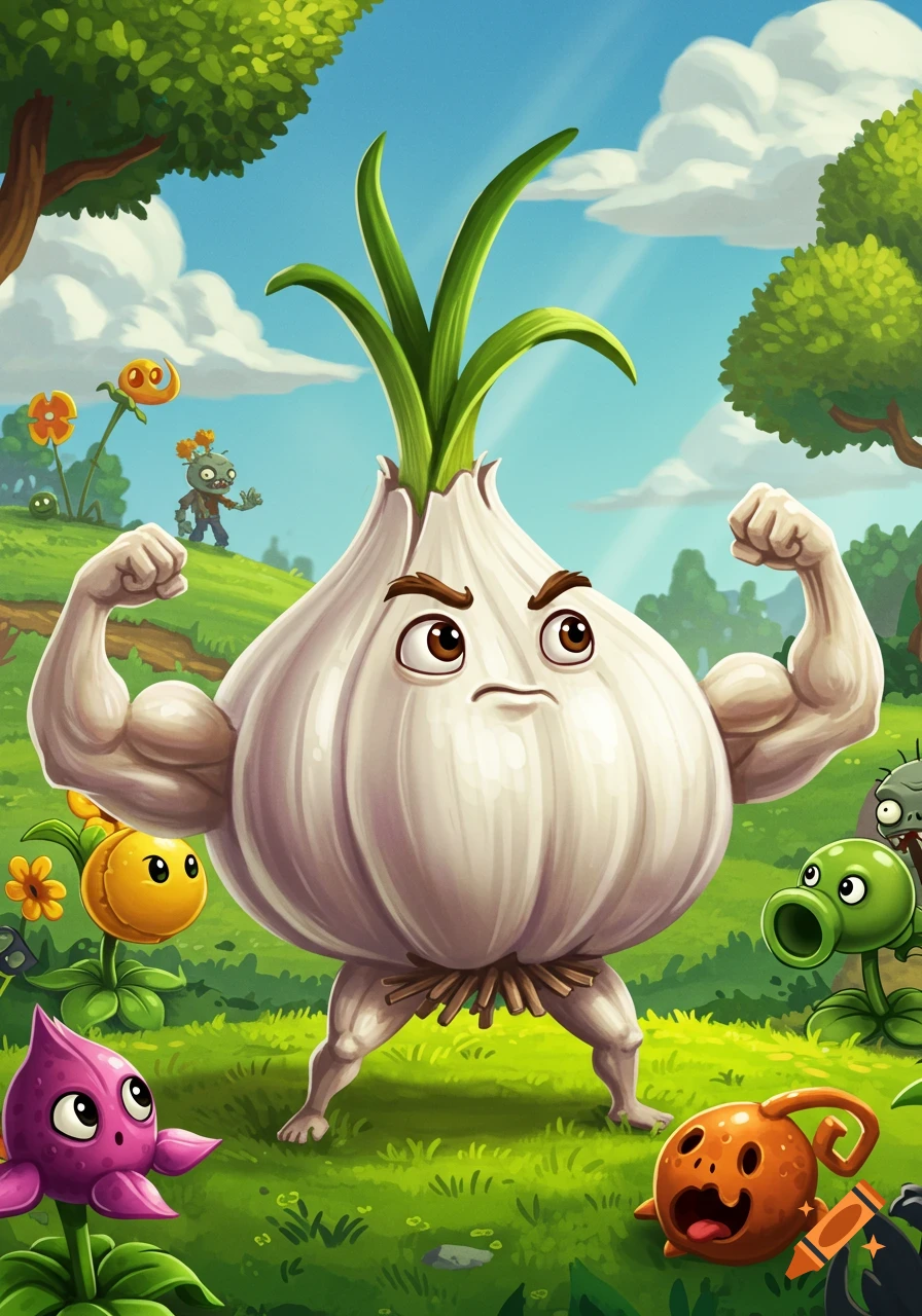 A muscular garlic plant in Plants vs. Zombies style flexes in a grassy field with other plants and a zombie.