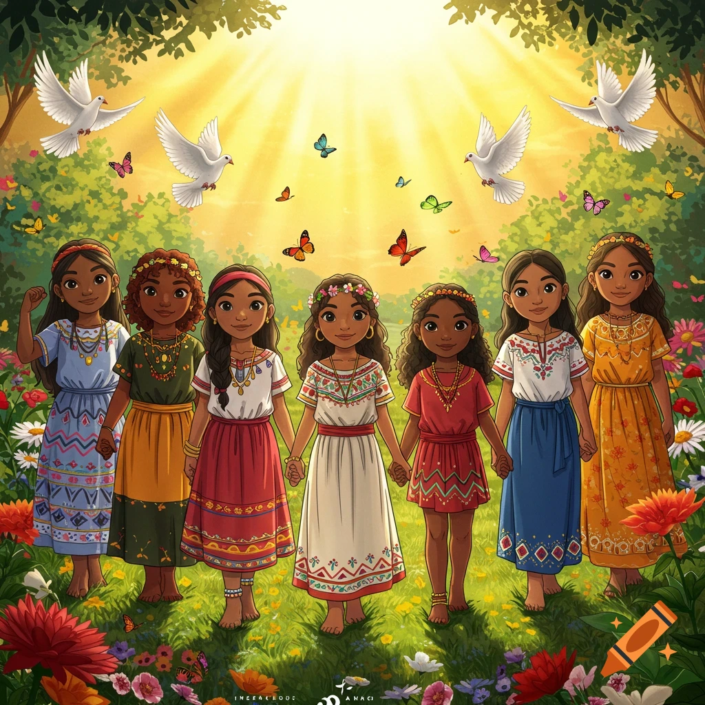 Six diverse young girls in colorful traditional dresses holding hands in a lush, sunny meadow with doves and butterflies.