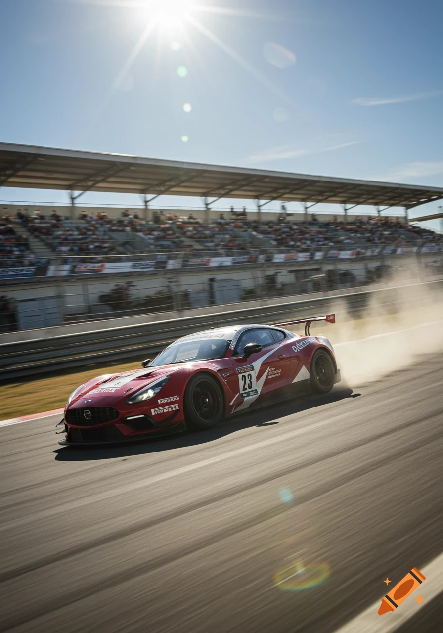 A red and white race car with number 23 speeds on a track, kicking up dust, under a bright sun with a grandstand.