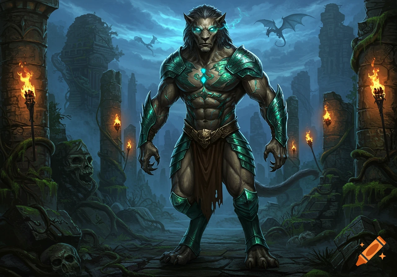 A muscular, lion-like beastman in emerald green armor stands amidst ancient ruins with torches and dragons in a dark fantasy setting.