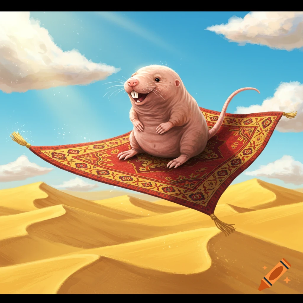 A smiling naked mole rat with buck teeth flies on a red patterned magic carpet over golden desert dunes under a blue sky with clouds.