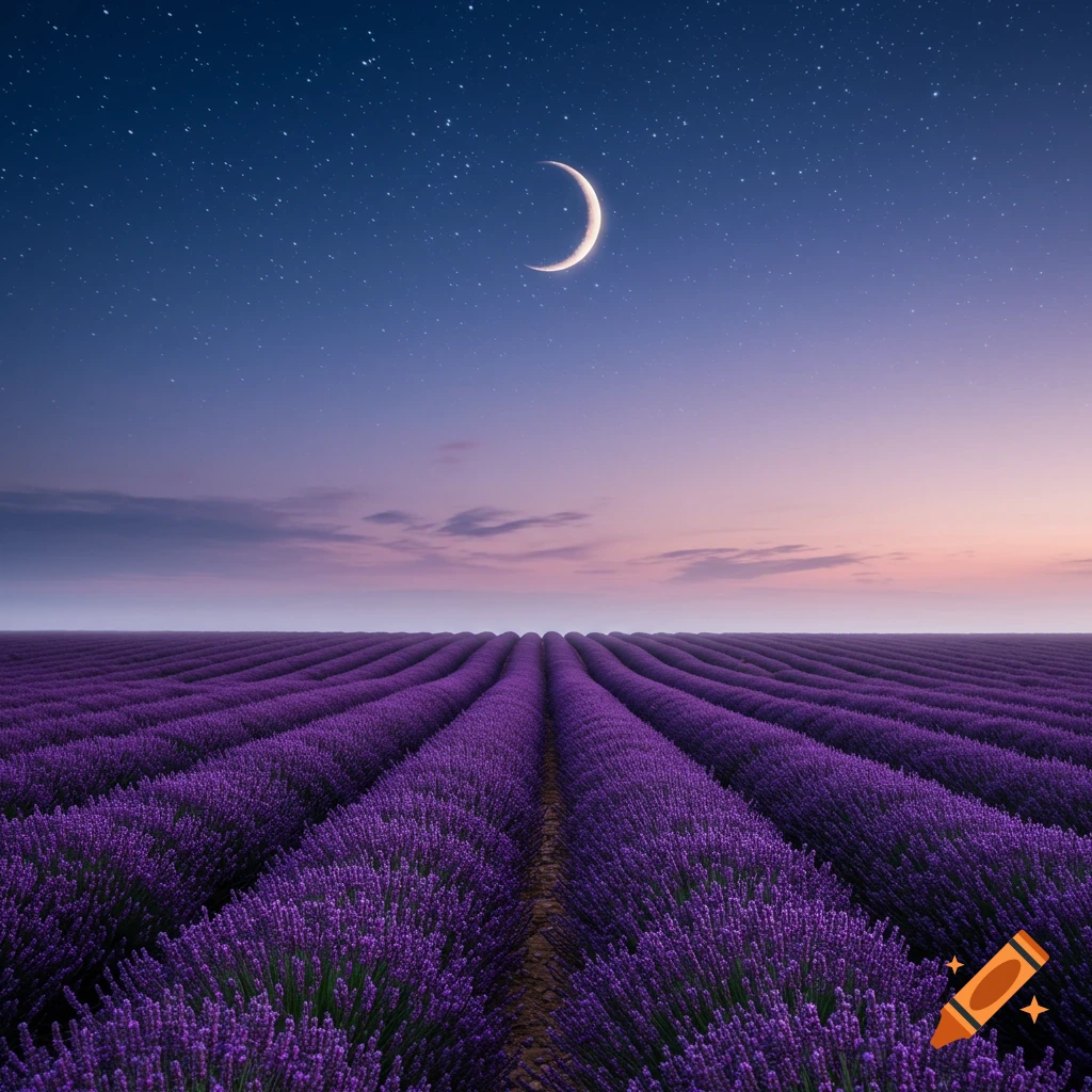Vast rows of purple lavender fields under a twilight sky with a crescent moon and stars.