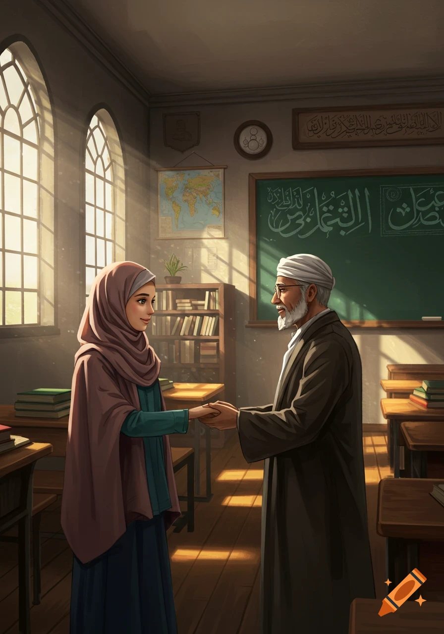 A young veiled woman respectfully shakes hands with an older bearded teacher in a sunlit classroom, with a blackboard and bookshelves in the background.