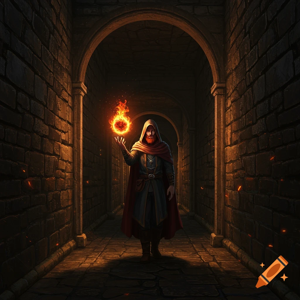 Hooded wizard with a red beard in a dark stone dungeon hallway, holding a glowing fireball as a light source.
