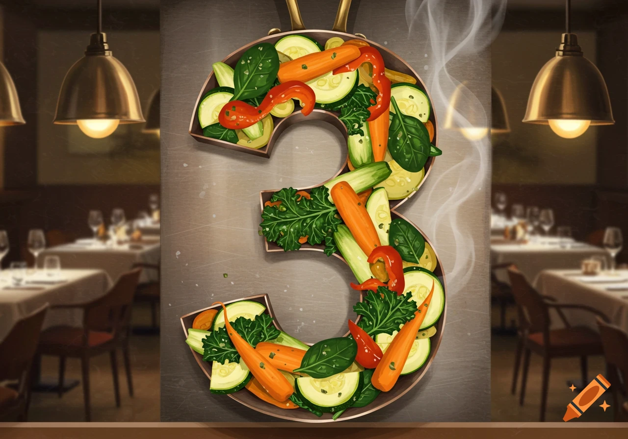 A pan shaped like the number 3, filled with colorful vegetables like carrots, zucchini, spinach, and red peppers, steaming on a countertop in a blurred restaurant setting.