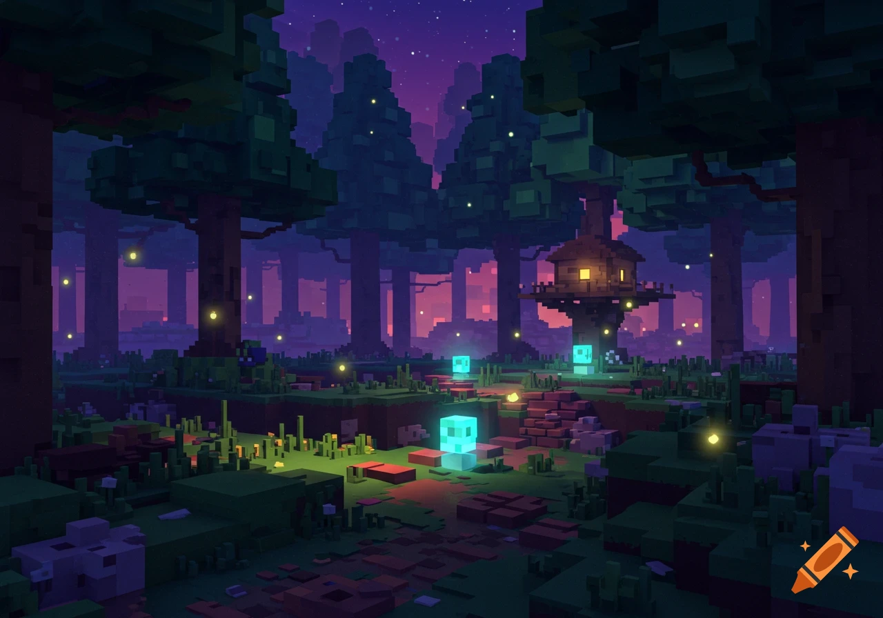 Voxel art forest at night with a glowing treehouse, luminous cubes, and fireflies under a purple starry sky.