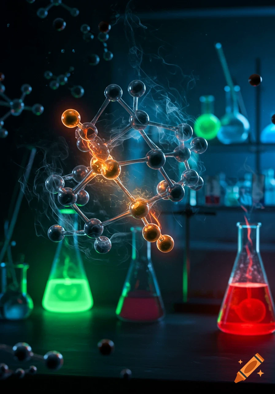 A glowing molecular structure with orange light emanates smoke in a dark laboratory, surrounded by colorful scientific flasks and beakers.