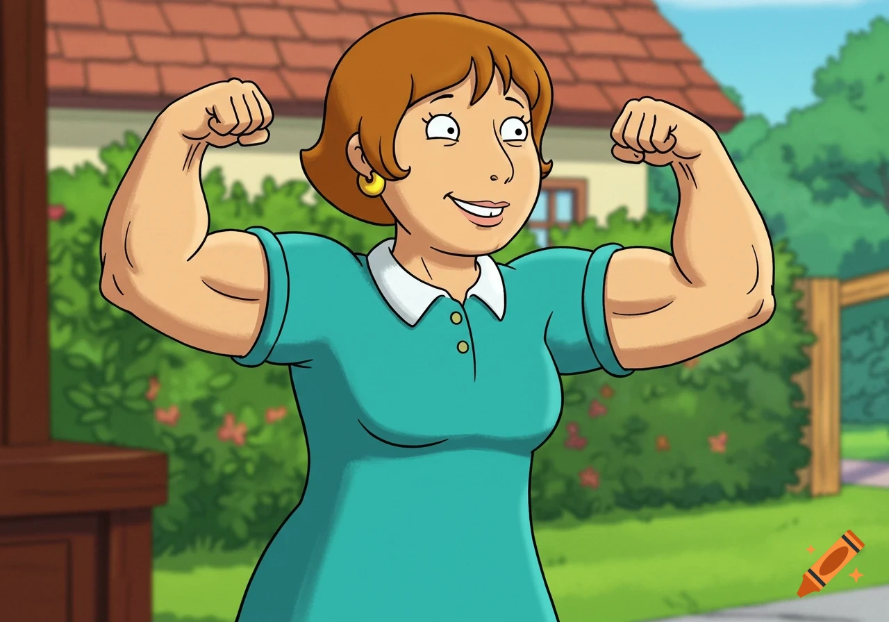 Cartoon woman, Jane Read from Arthur, with short brown hair, a teal polo shirt, and yellow earrings, smiles while flexing her large biceps outdoors.