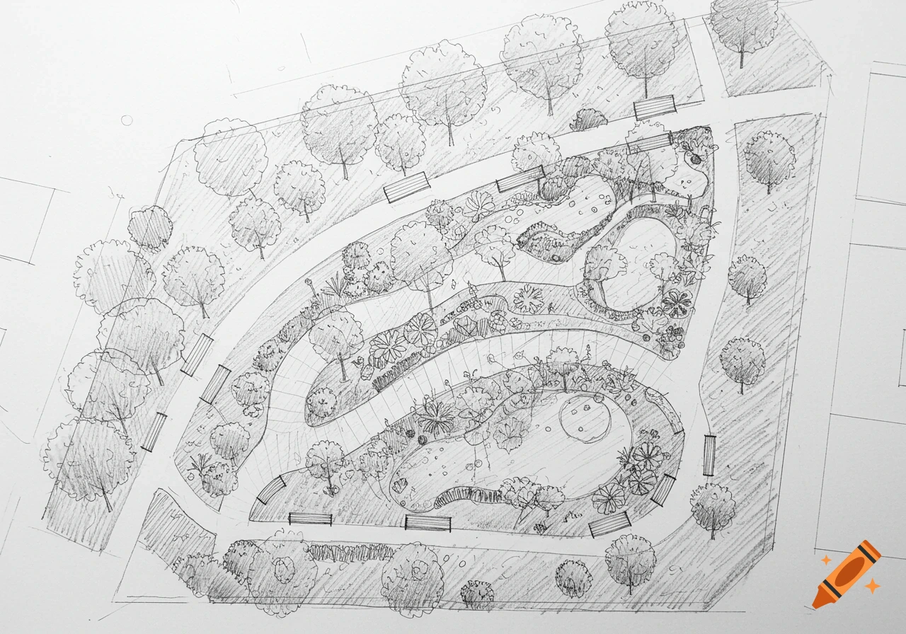 An overhead pencil sketch of an urban park design, featuring winding paths, trees, benches, and landscaped areas on white paper.