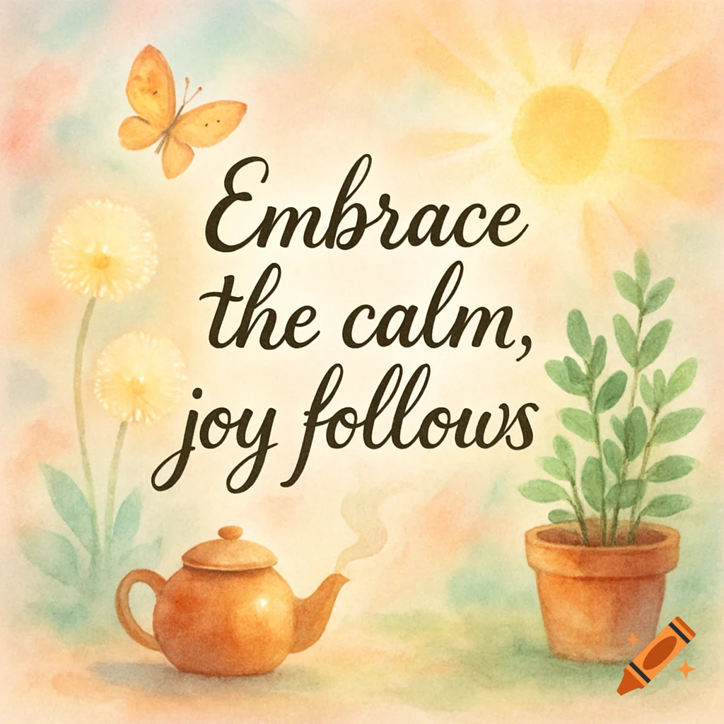 Watercolor illustration of a butterfly, flowers, teapot, and plant with the quote "Embrace the calm, joy follows" on a soft background.