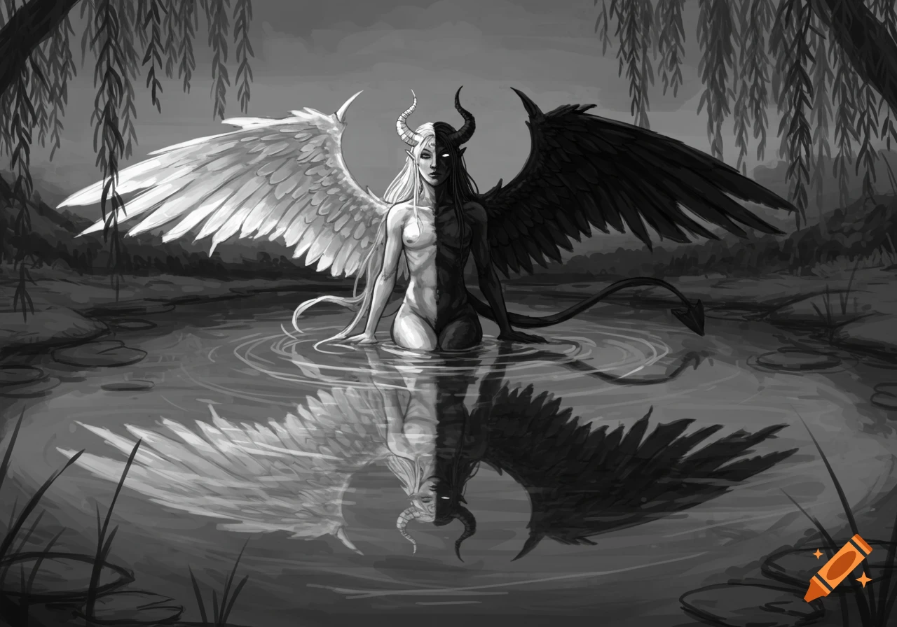 A monochrome 2D sketch of a half-angel, half-demon figure with large wings sitting in a reflective pool under weeping willow branches.