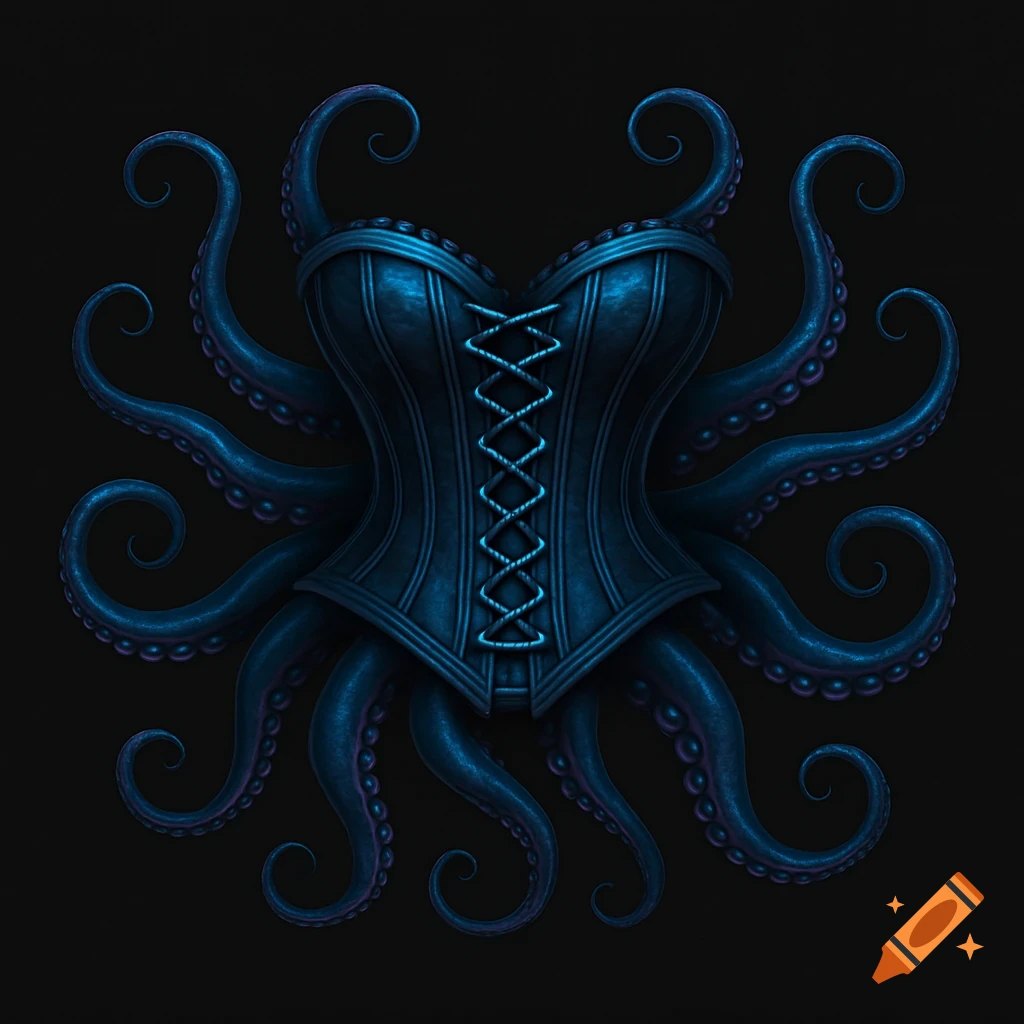 Dark blue corset made of octopus tentacles as a logo on a black background.