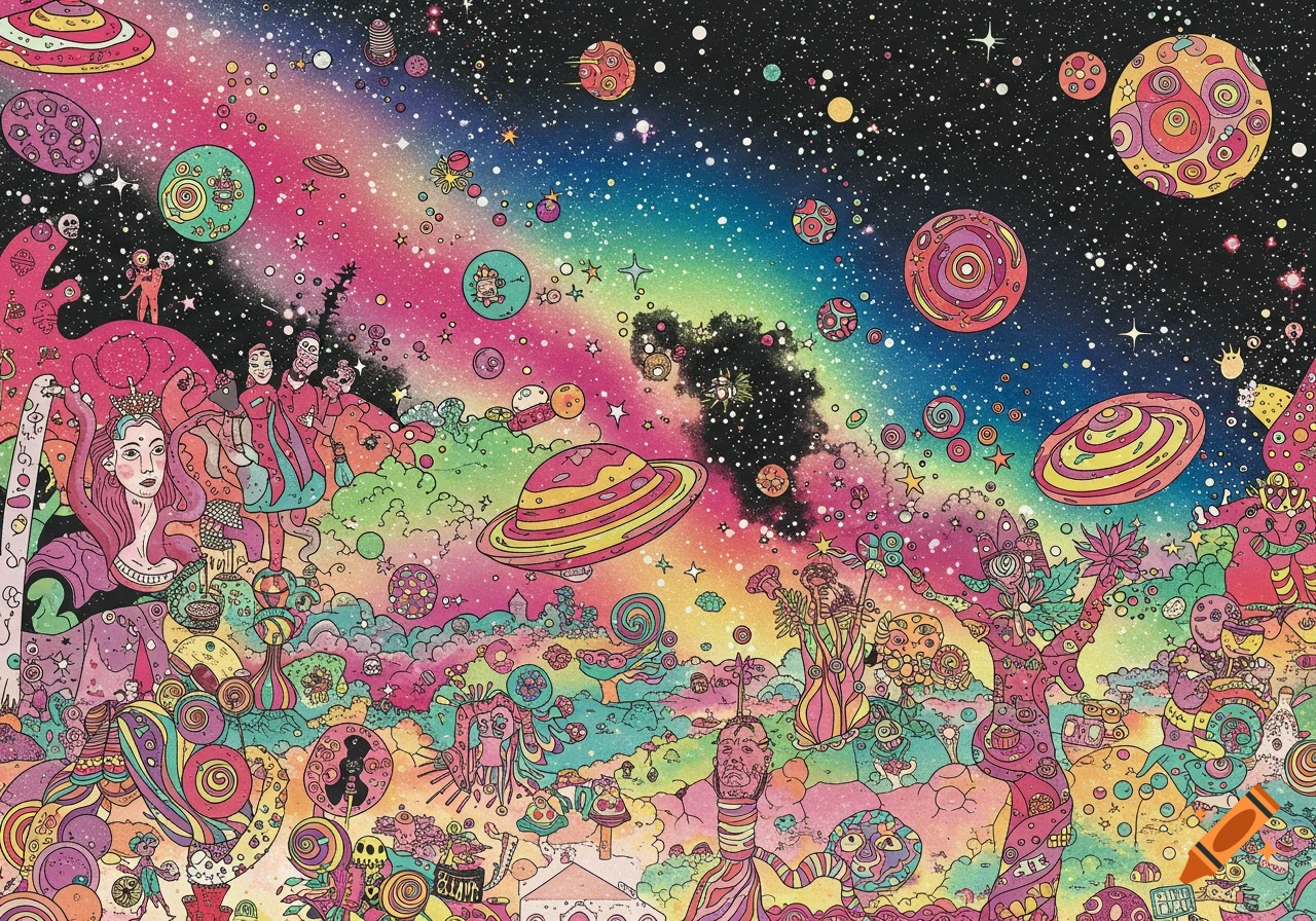 A highly detailed, colorful, pop art style illustration of a fantastical universe filled with planets, stars, and whimsical, surreal elements.