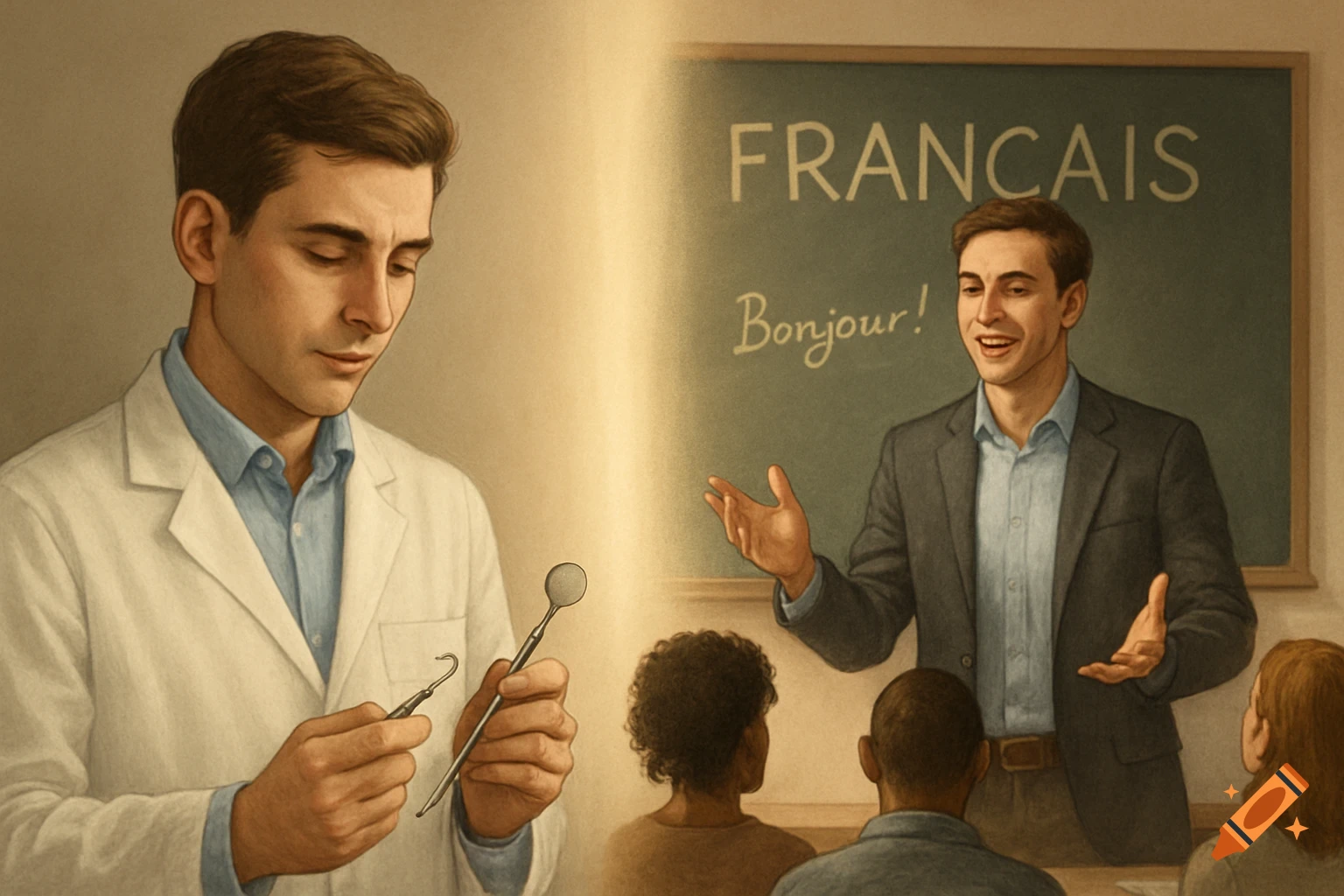 Realistic illustration of a man as a thoughtful dentist holding tools and as a confident French teacher in a classroom.