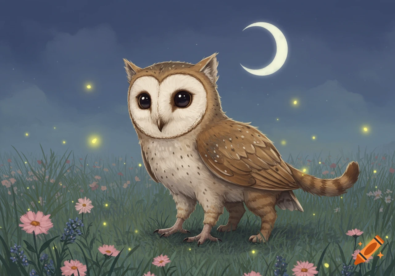 A cute, stylized barn owl-cat hybrid with large eyes stands in a moonlit meadow with pink flowers and fireflies.