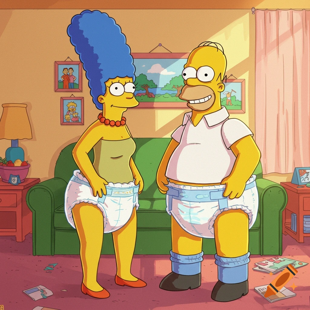 Marge and Homer Simpson standing in their living room, both wearing adult diapers.