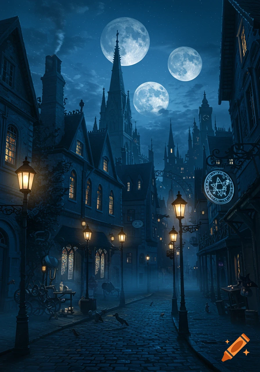 Dark gothic city street at night with ornate buildings, street lamps, and three large moons in the sky. Mist covers the cobblestones.