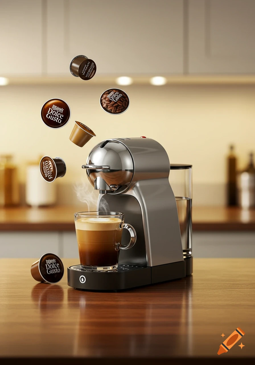 A silver Dolce Gusto coffee machine brews coffee into a glass mug, surrounded by floating coffee capsules and beans in a kitchen setting.