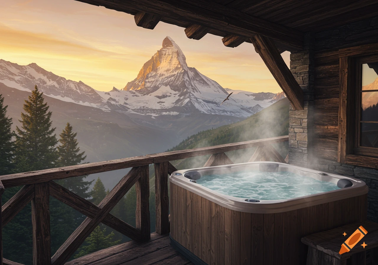 Photorealistic image of a steaming hot tub on a rustic wooden balcony overlooking snow-capped mountains at sunset.
