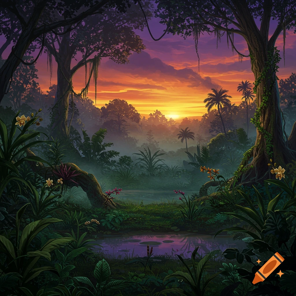 A vibrant jungle landscape at sunset, featuring large trees, dense foliage, and a still pond under a dramatic orange and purple sky.