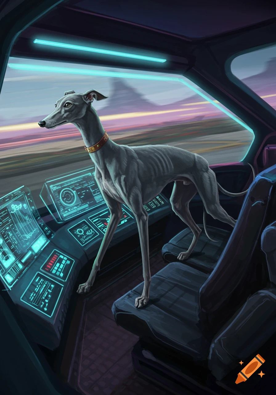A greyhound stands in a futuristic spaceship cockpit with glowing screens, looking out at a vibrant sky.