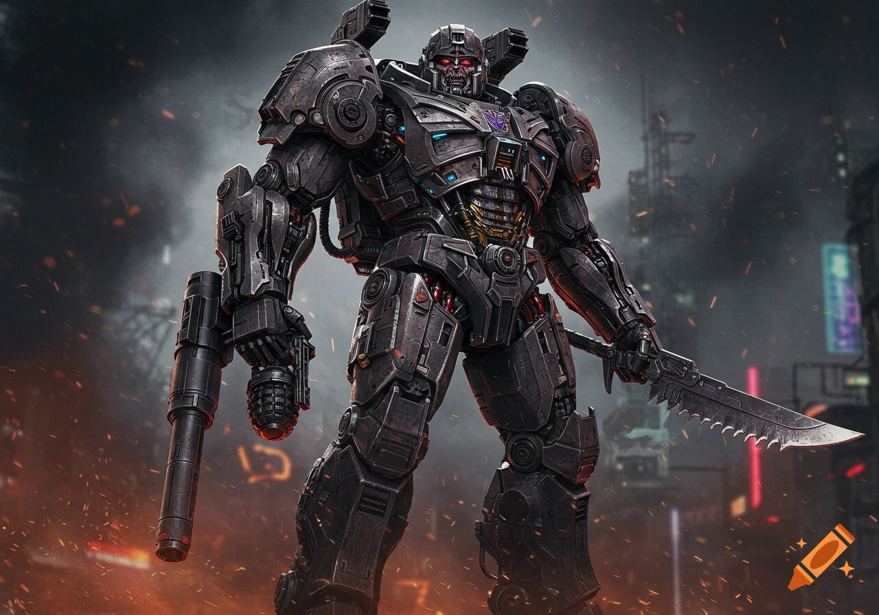 A menacing, heavily armored dark robot with red eyes holds a large gun and a serrated blade, standing in a smoky, fiery cityscape.
