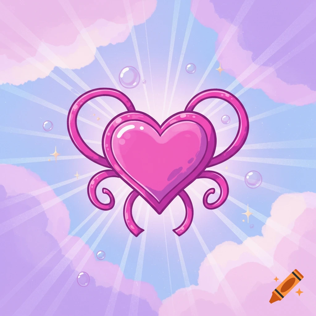 A cartoon glowing pink heart with decorative swirls, bubbles, and sparkles, set against a light blue and purple sky with clouds and sun rays.
