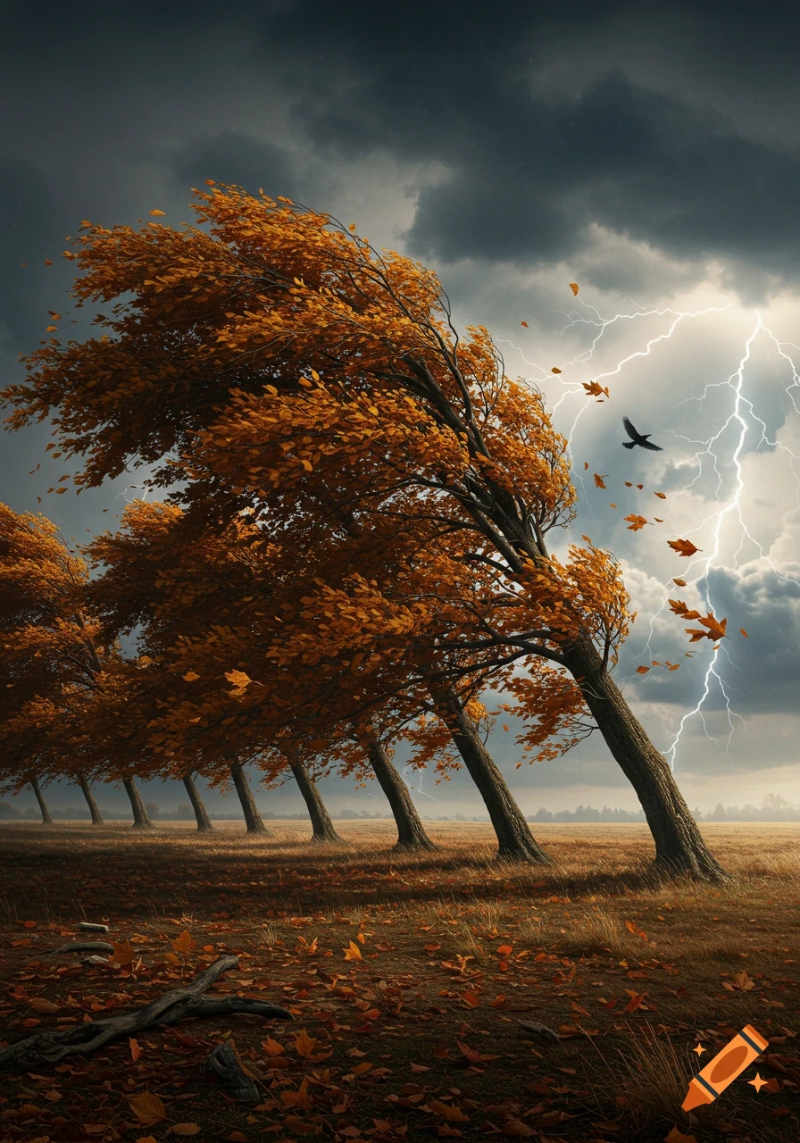Row of autumn trees with orange leaves bent by strong winds under a dark, stormy sky with lightning.