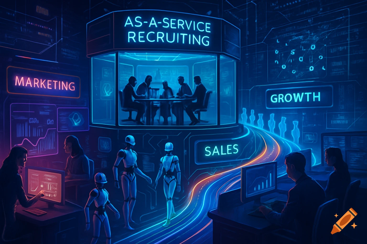 A vibrant, futuristic digital business hub with neon signs for "As-A-Service Recruiting," "Marketing," "Growth," and "Sales." People and robots interact with glowing screens displaying data.