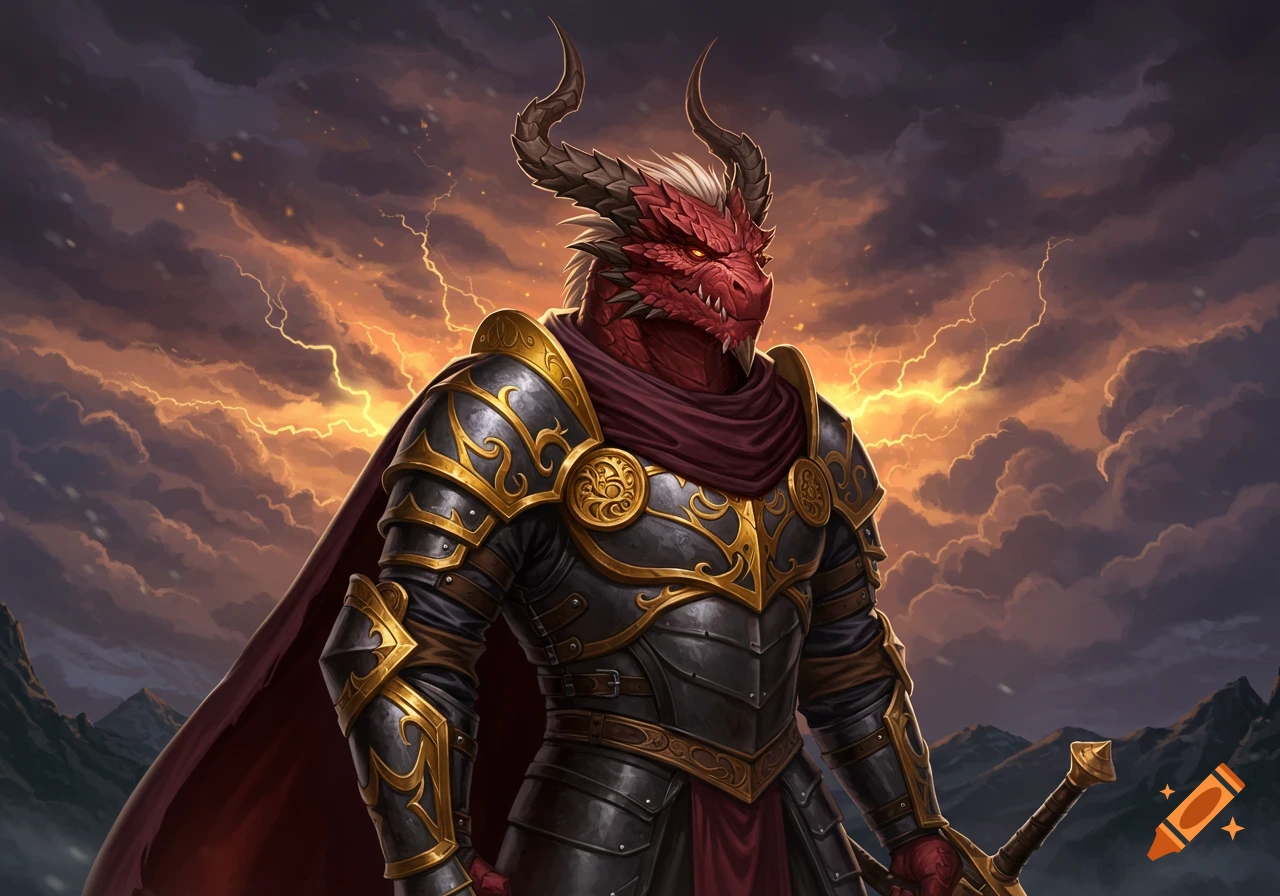 A red dragonborn warrior in ornate gold and black armor stands against a dramatic stormy sky with lightning.