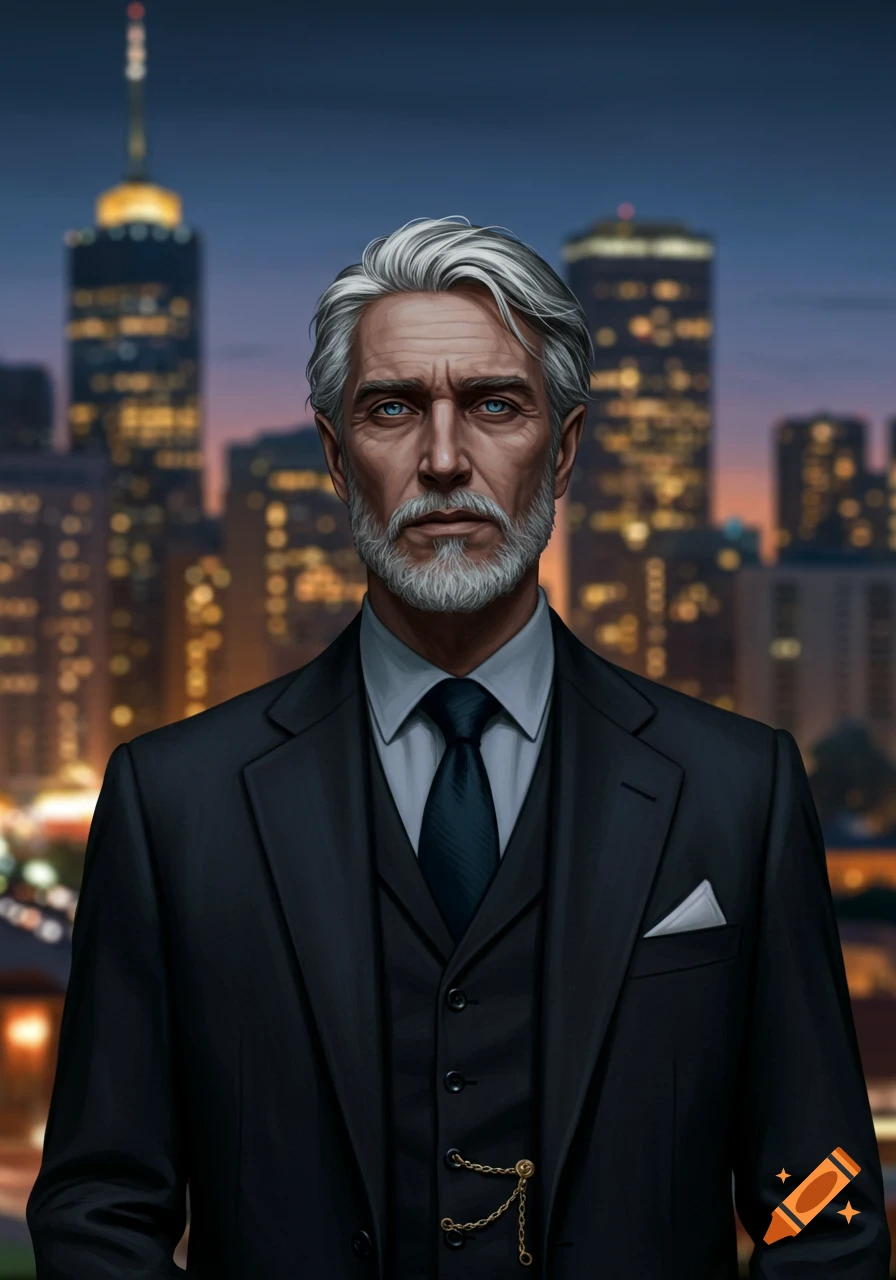 Digital art portrait of an older man with white hair and beard, wearing a dark suit and tie, against a blurred night city skyline.