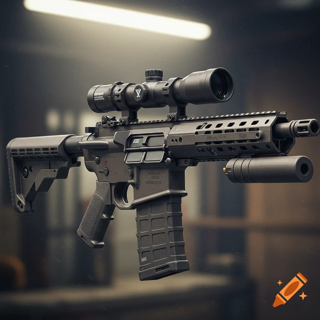 Close-up, detailed shot of a modern black assault rifle with a scope and suppressor, against a blurred industrial background.
