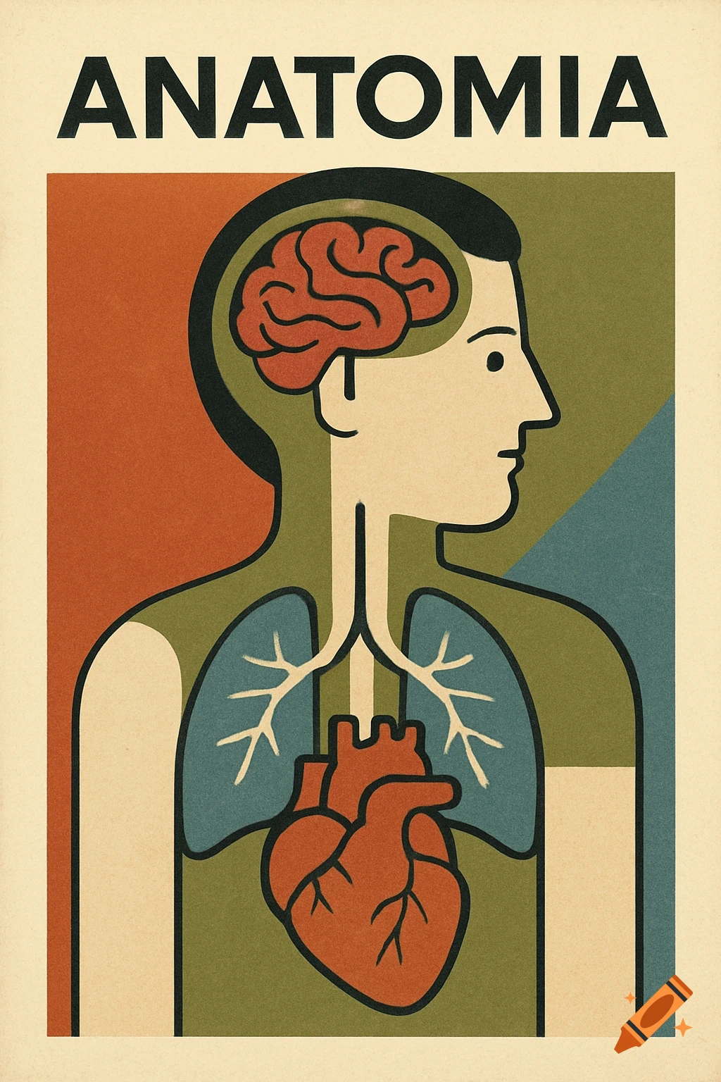 A stylized human anatomy illustration with a profile view of a torso and head, showing the brain, lungs, and heart. The word "ANATOMIA" is at the top. The image has a vintage 1960s-1970s Italian graphic design style with muted colors and a grainy texture.