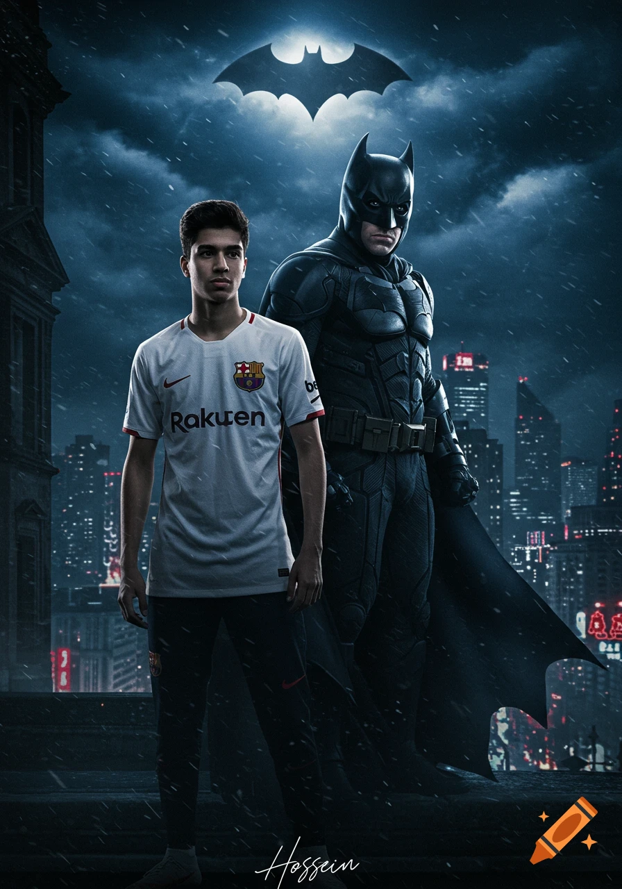 A young man in a white FC Barcelona shirt stands next to Batman on a rainy Gotham City rooftop at night, with the Bat-Signal in the sky. Cinematic style.