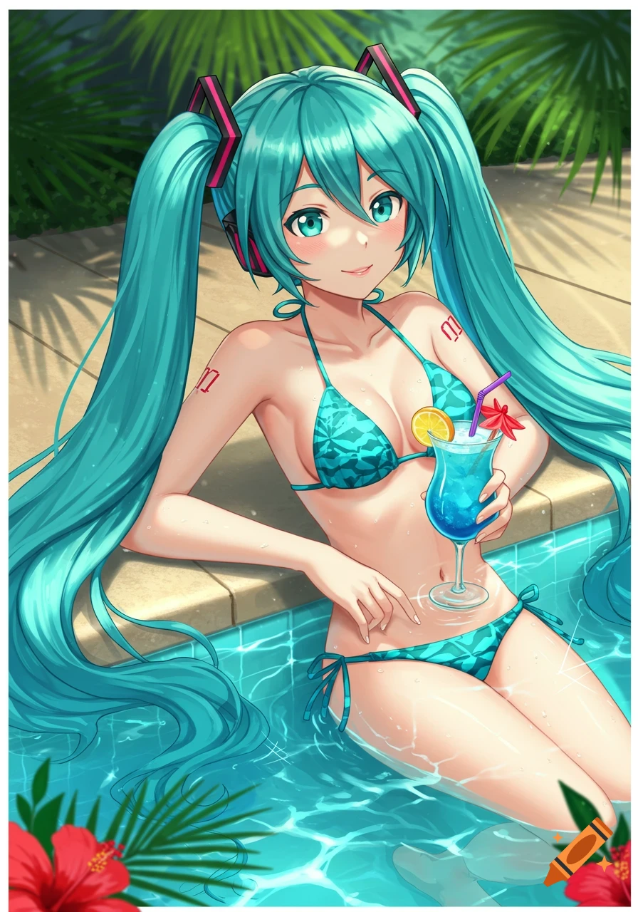 Anime girl Hatsune Miku in a teal bikini sips a blue drink by a swimming pool, surrounded by tropical foliage.