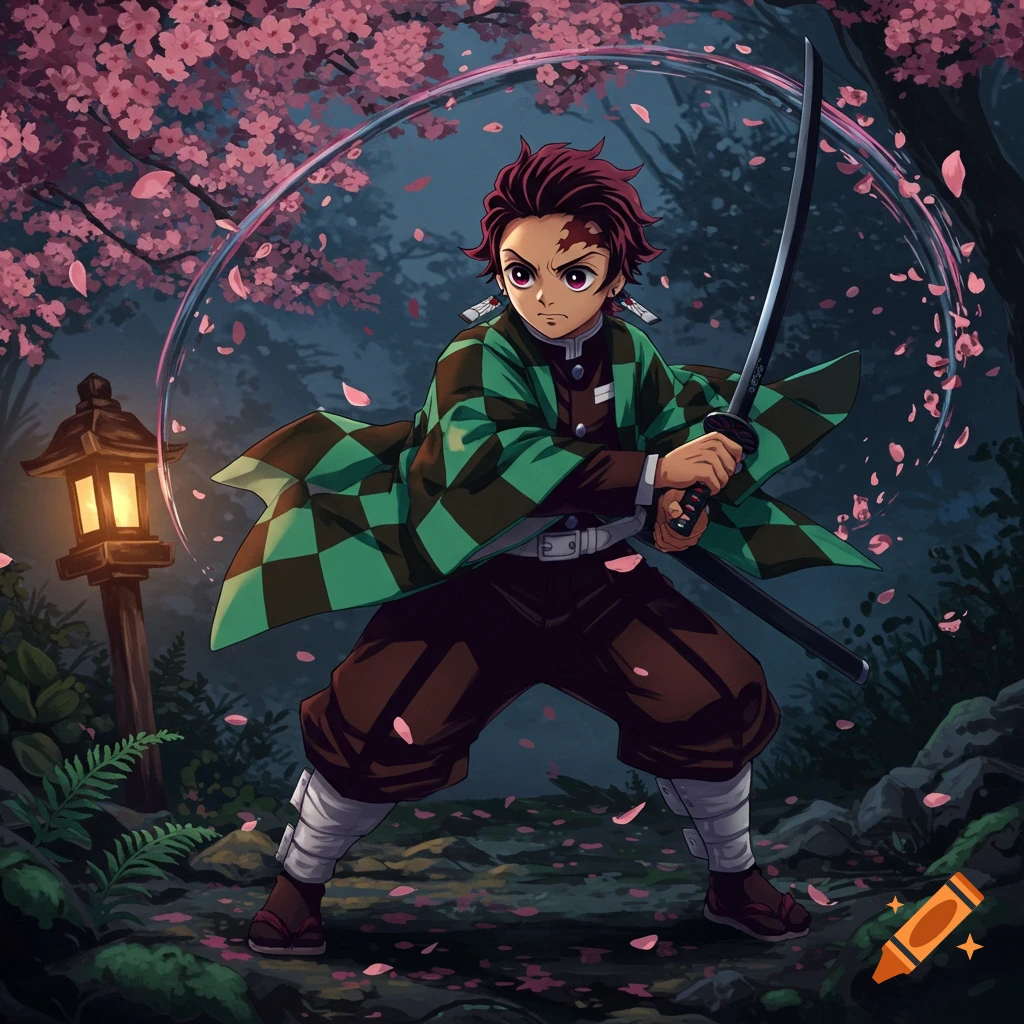 Anime character Tanjiro in a forest of cherry blossoms, holding a katana with a glowing aura around him.