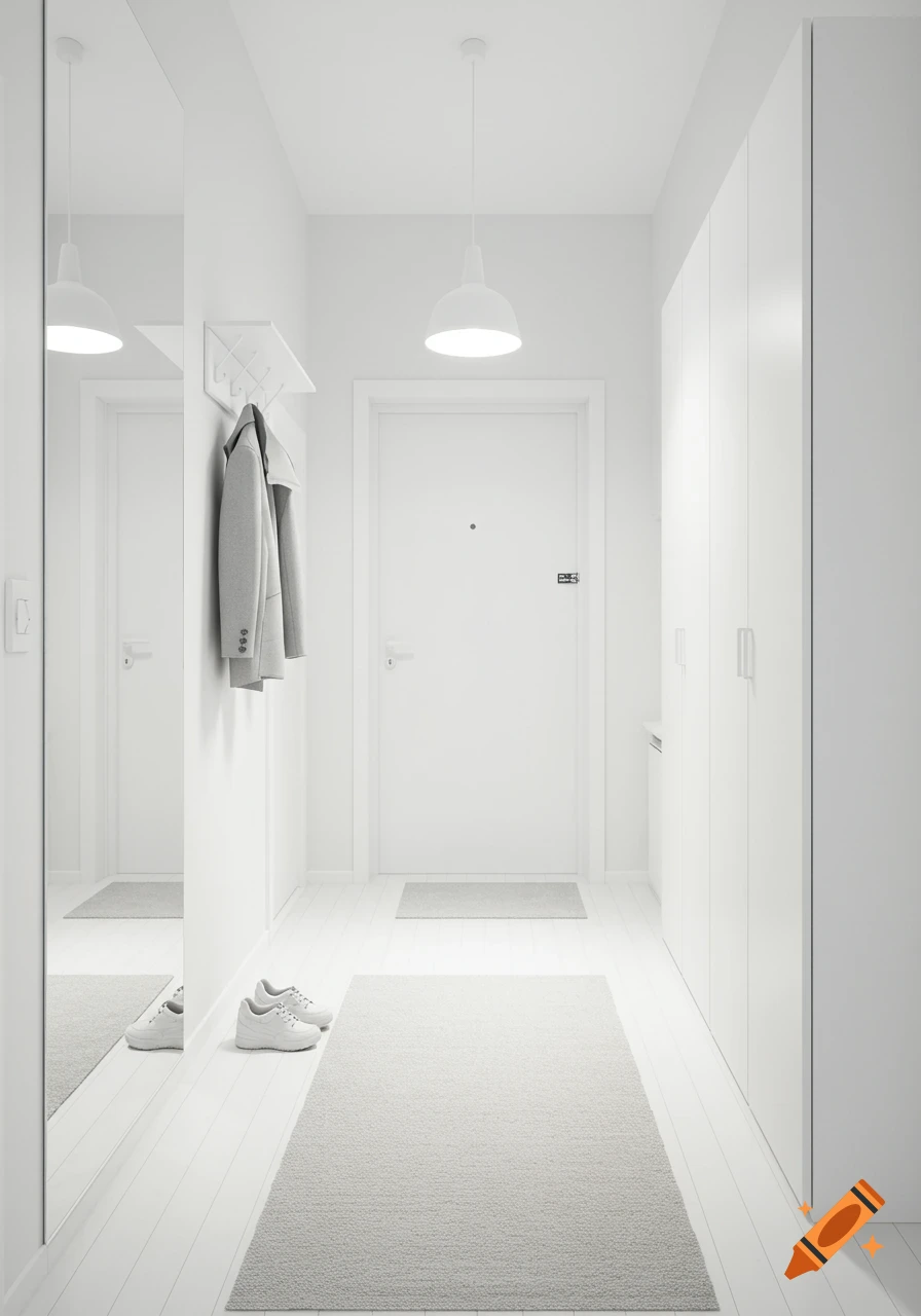 A bright, minimalist white hallway features a large mirror reflecting the space, a white coat rack with a grey jacket, and white shoe cabinets.