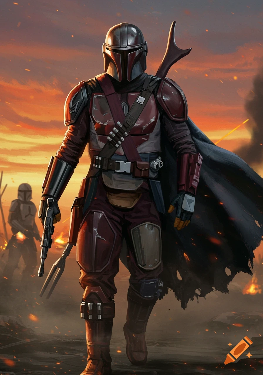A heavily armored Mandalorian warrior, Paz Vizsla, walks through a fiery, dusty battlefield at sunset, rifle in hand. Digital art.