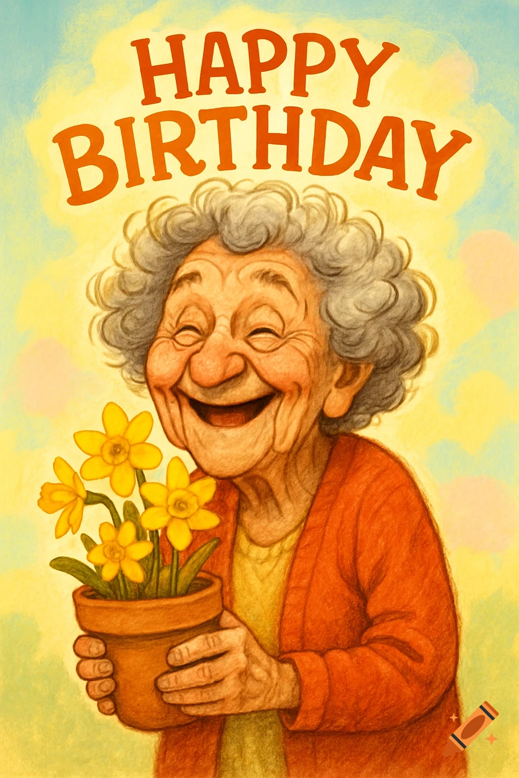 Cheerful cartoon elderly woman with gray curly hair holds a pot of yellow daffodils. 'HAPPY BIRTHDAY' text above her, on a soft yellow and blue background.