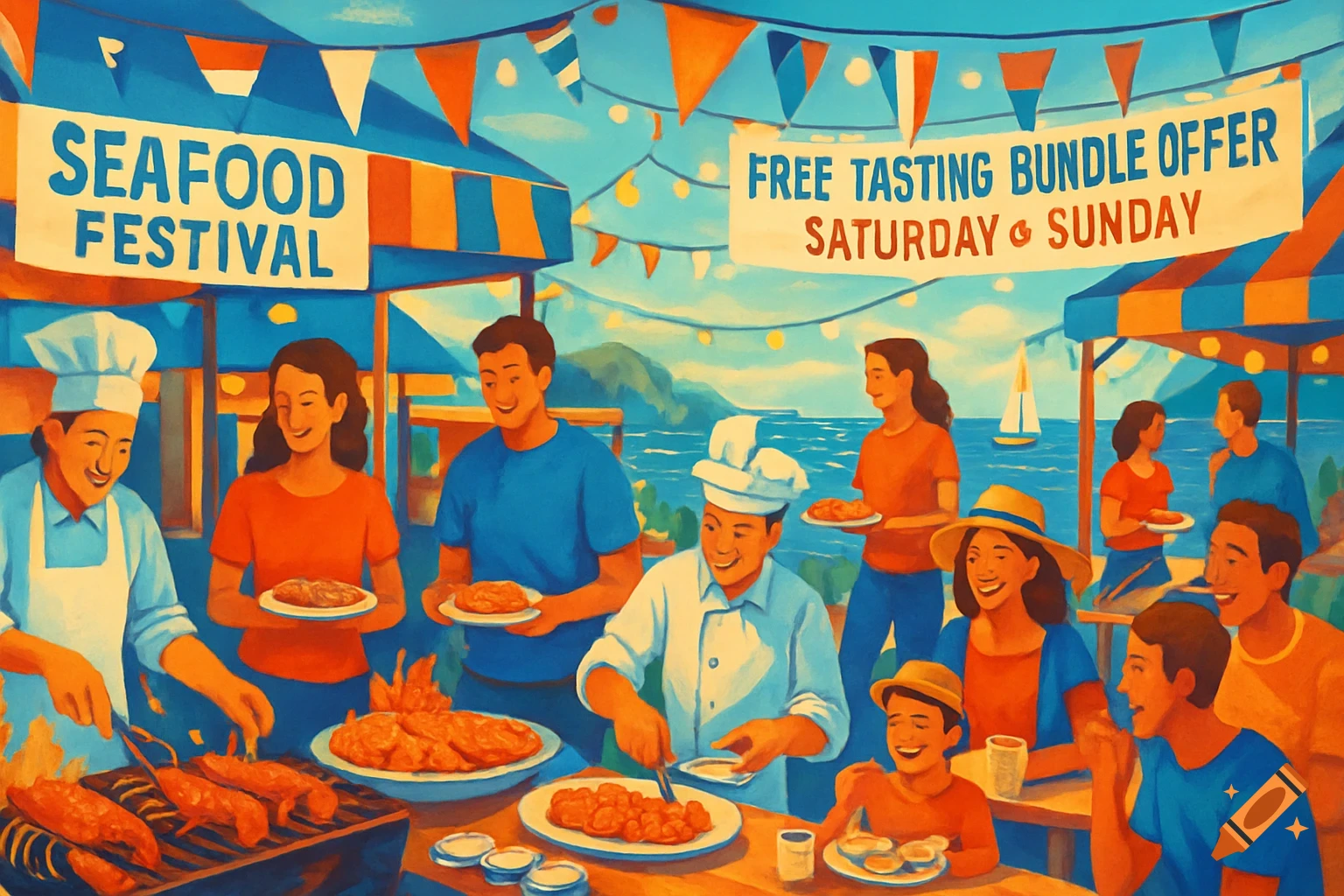 A vibrant, stylized painting of a bustling seafood festival by the ocean, with chefs grilling and people enjoying food.