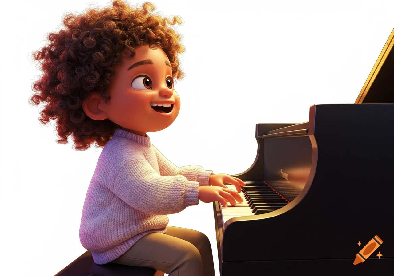 A smiling cartoon child with curly hair plays a black piano in Pixar style.