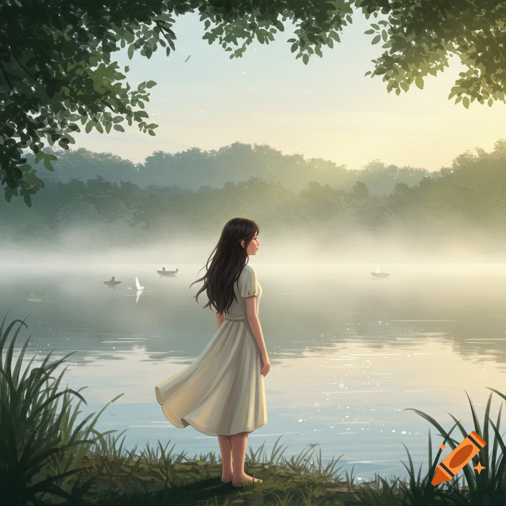 A girl with long dark hair stands barefoot by a misty lake at dawn, surrounded by trees and tall grass in an illustration.