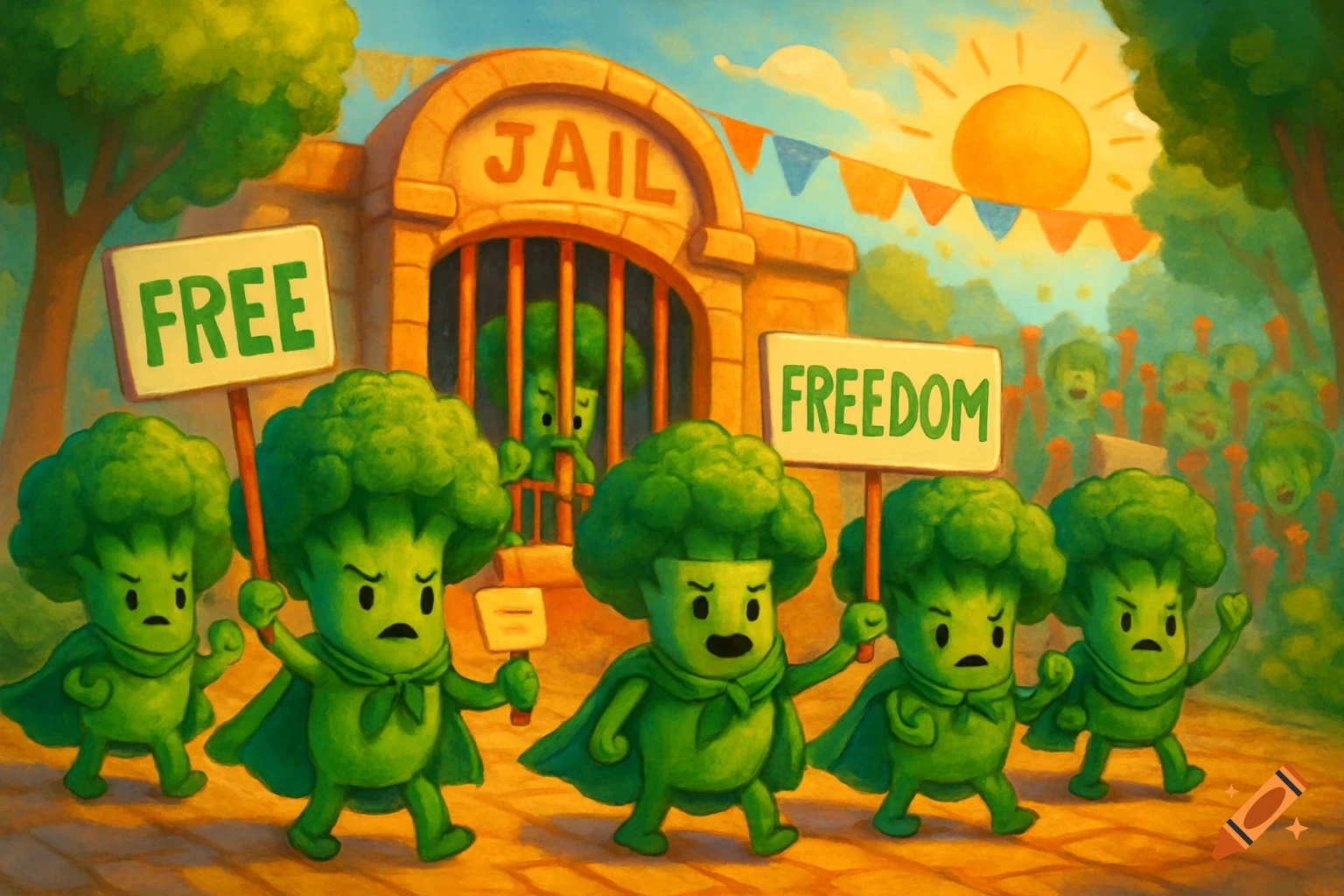 Cartoon illustration of angry broccoli characters protesting in front of a jail, holding signs that say 'FREE' and 'FREEDOM'.