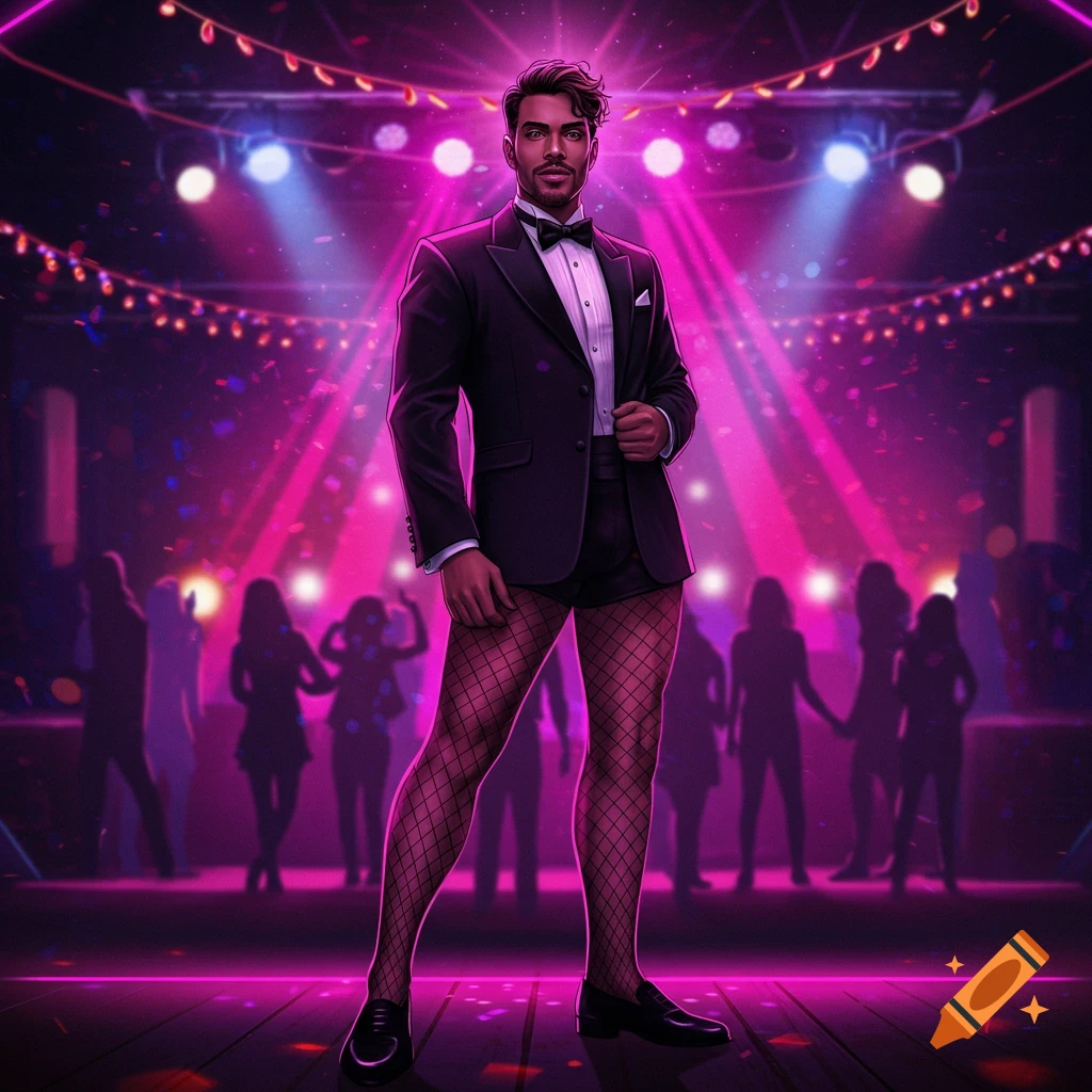 Man in a tuxedo jacket, shorts, and fishnet stockings on a stage with pink lights and confetti at a club.