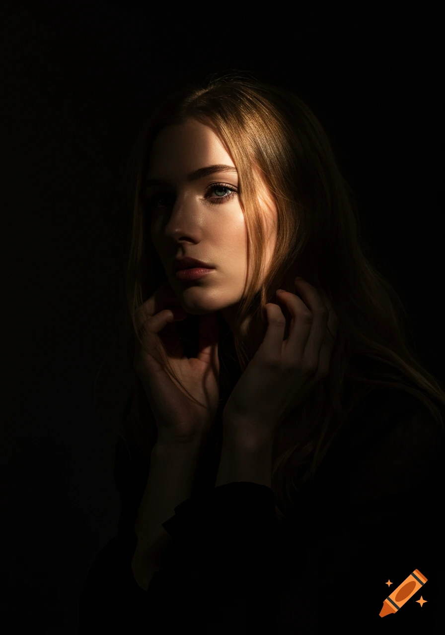 Dramatic portrait of a young woman, partially lit with golden light, with a serious expression and hands near her face.