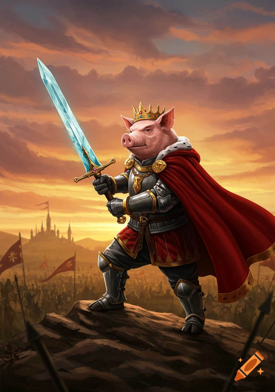 A pig king in armor and red cape, holding a glowing sword, stands on a rock overlooking a battlefield at sunset.